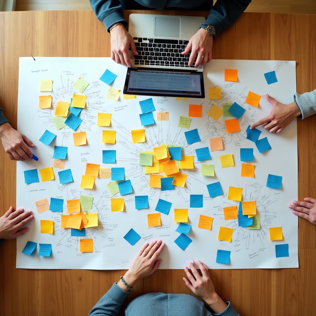 Overhead view of a friction mapping session with sticky notes and workflow diagrams spread across a large table