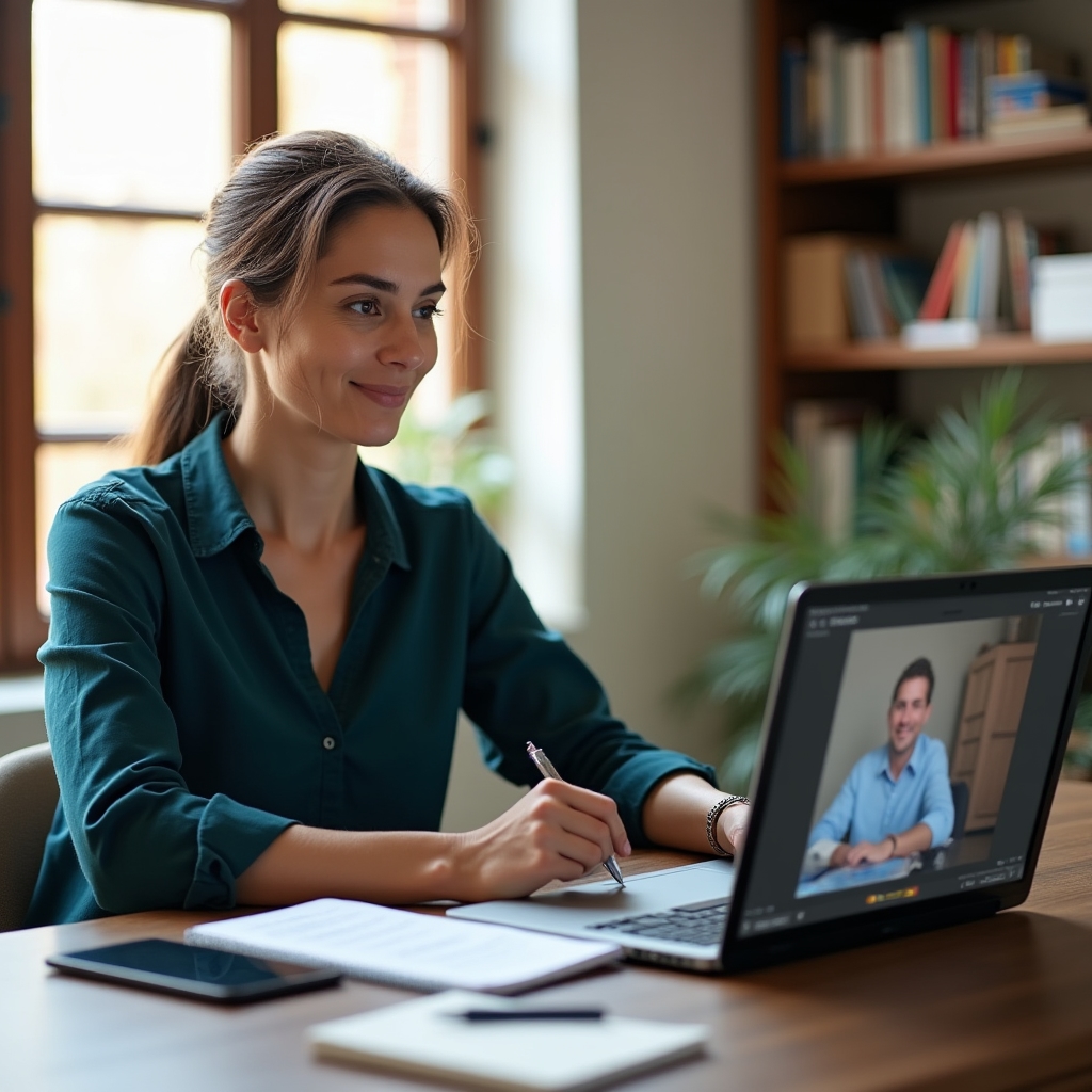 Founder on a video coaching call, notes visible, bright home office environment with natural light